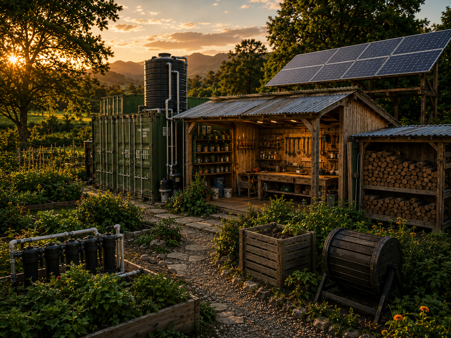 Solar shed, container, tanks and field infrastructure