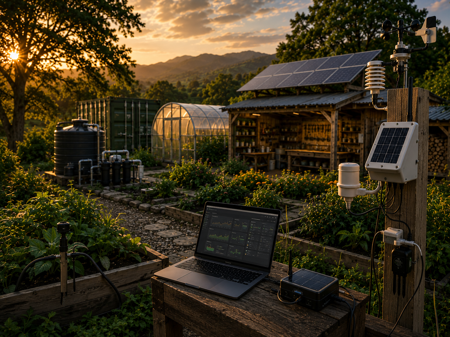 Monitoring station with sensors inside a regenerative garden