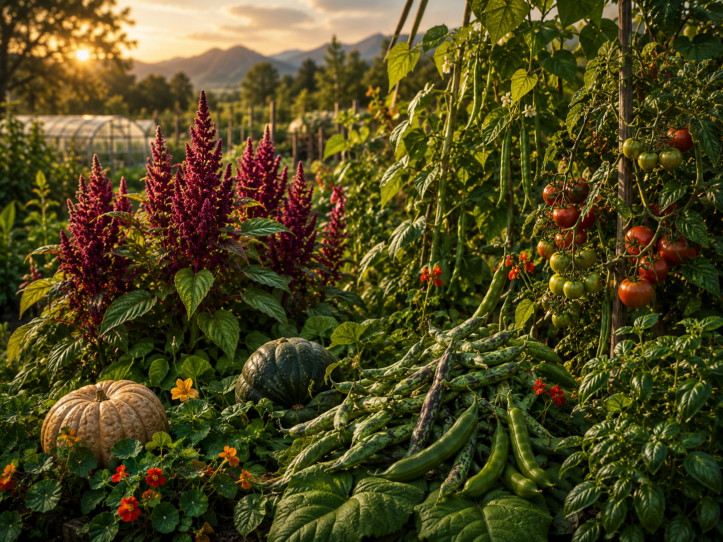 Regenerative field with amaranth, orchard rows and living ground cover