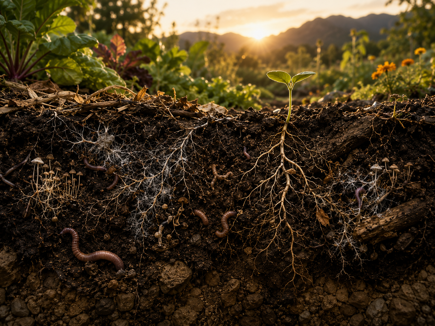 Living soil with roots, compost and soil organisms