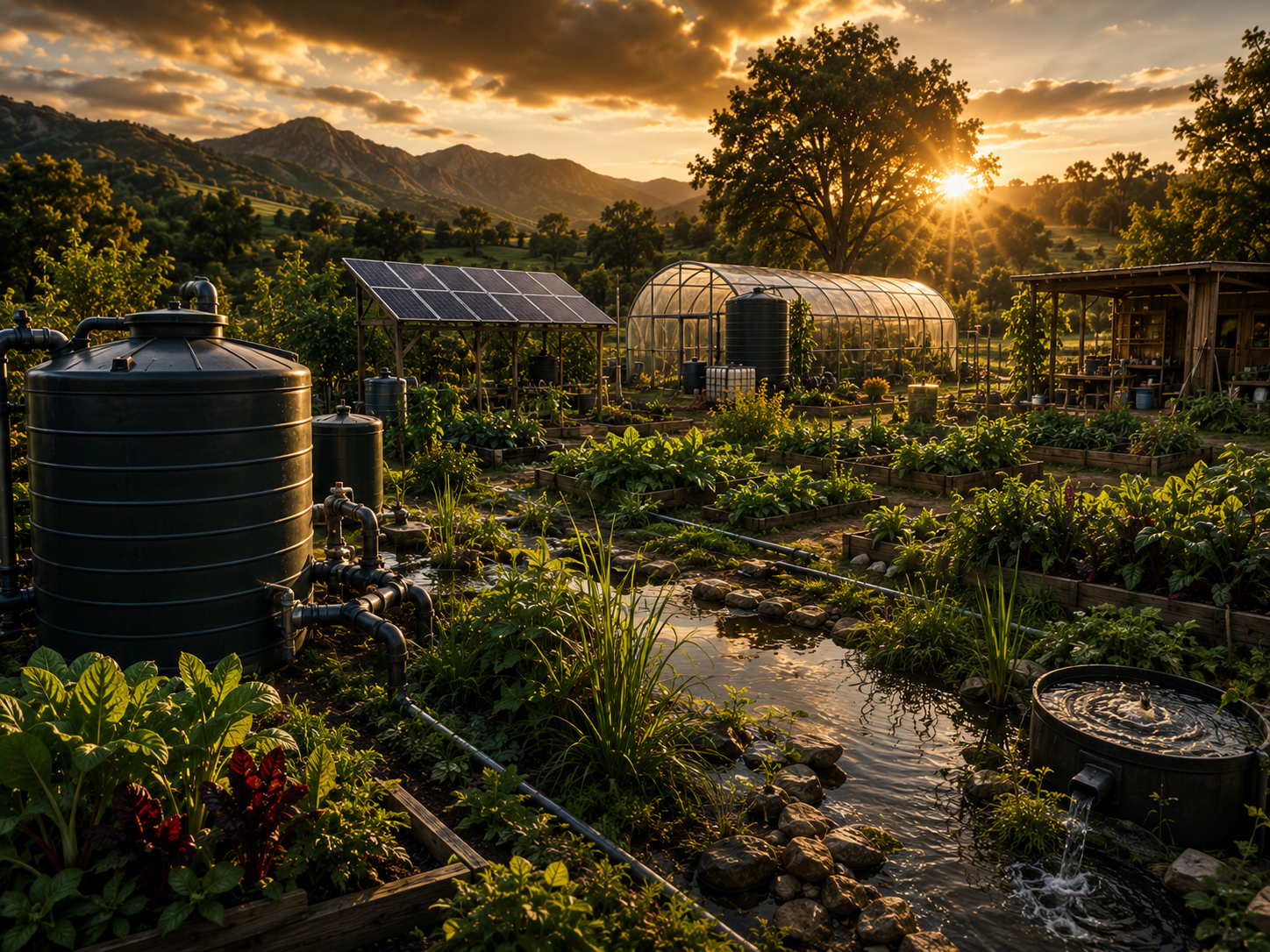 Water tanks and irrigation in a regenerative garden
