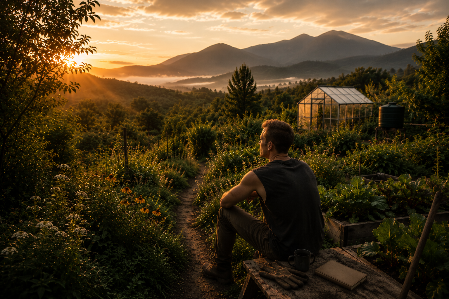 Resting after field work while watching the distant mountains at golden hour